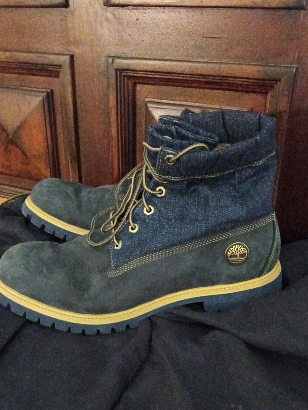 Timberland Navy Blue Suede & Denim Jeans Roll top 6 Inch Boots Mens 11.5 m